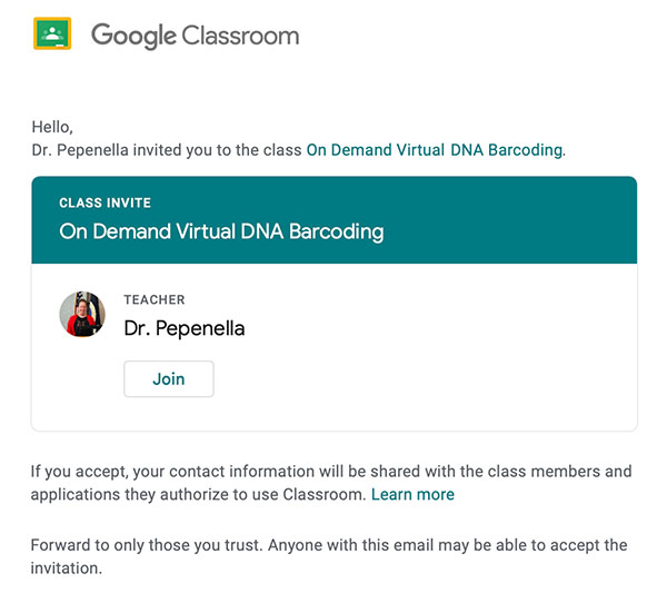 Screenshot of example Google Classroom email invitation