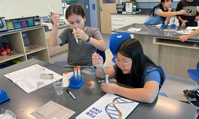 Two students at a desk with test tubes